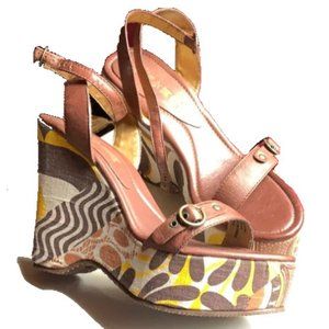 Fabric Covered Wedge Platform Brown Sandals
